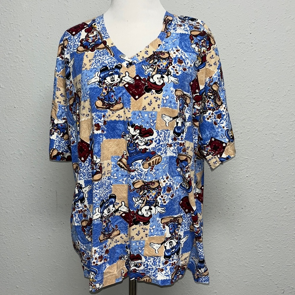 Vintage Disney Mickey Unlimited Patchwork Print V-Neck Tee Mickey & Friends!